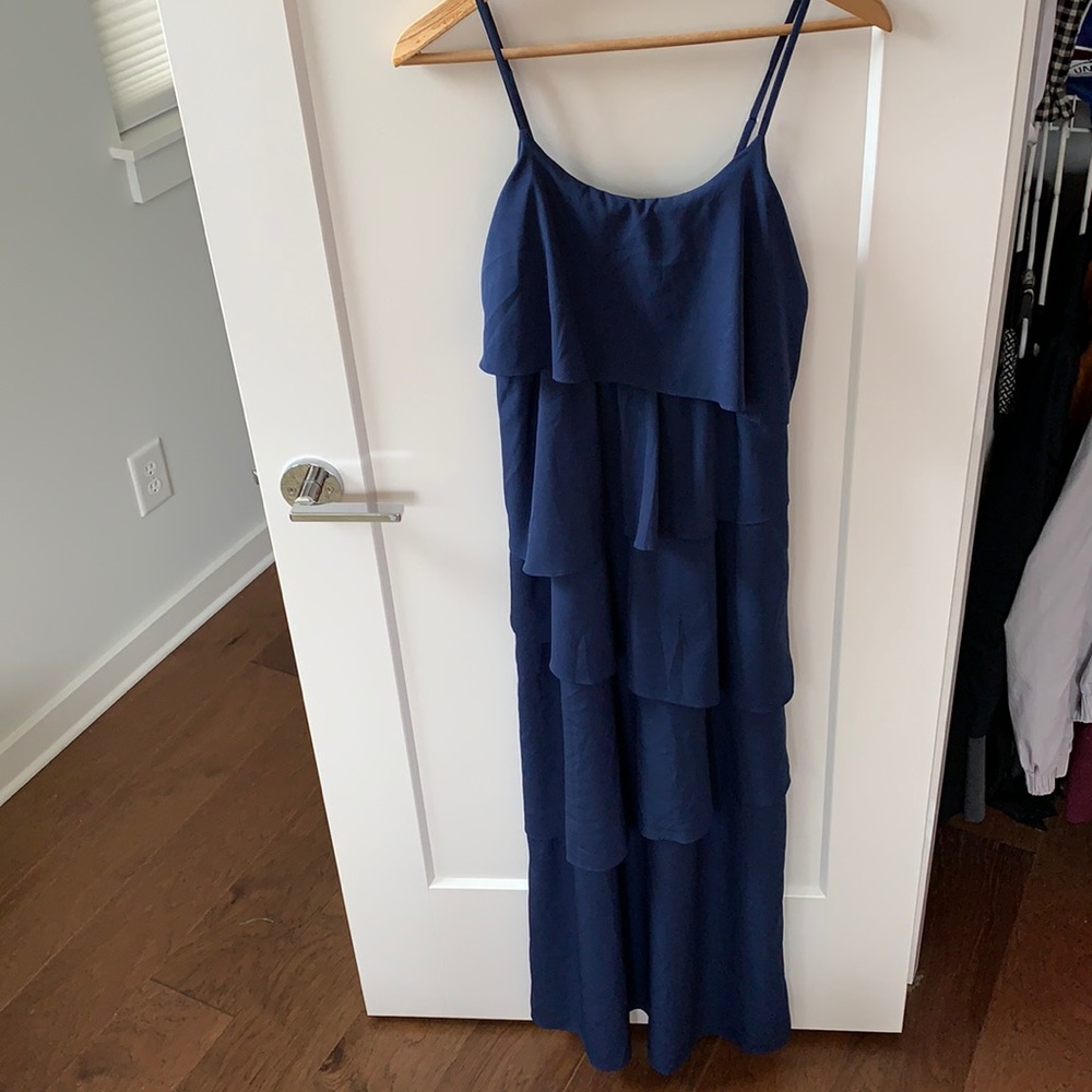 Full length fully lined navy ruffle maxi dress